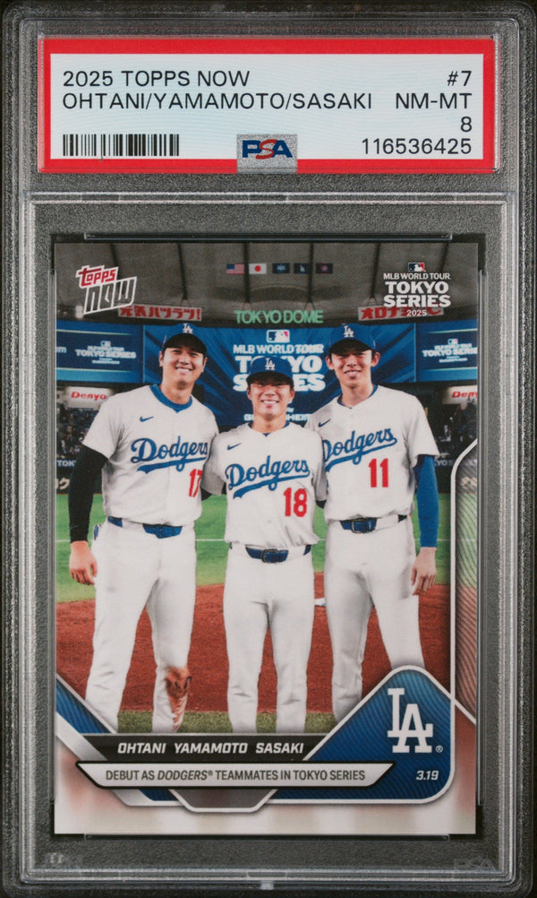 Graded 2025 Topps Now Shohei Ohtani/Yoshinobu Yamamoto/Roki Sasaki #7 Baseball Card PSA 8 Near Mint