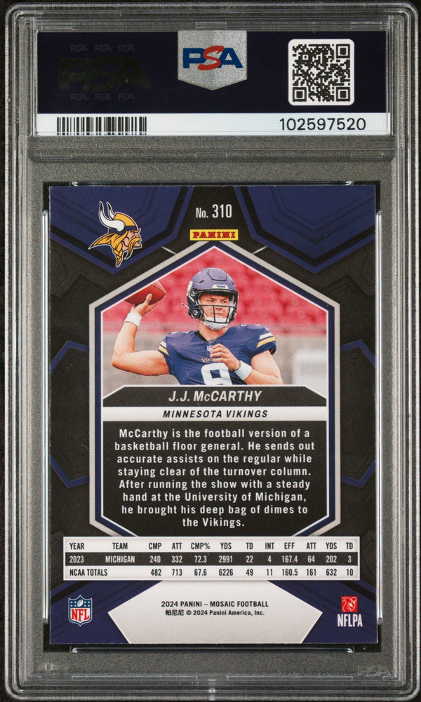 Graded 2024 Panini Mosaic JJ McCarthy #310 Rookie RC Football Card PSA 9 Mint