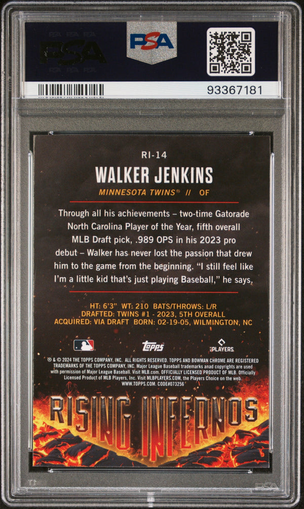 Graded 2024 Topps Bowman Walker Jenkins #RI14 Rising Infernos Rookie RC Baseball Card PSA 10 Gem Mint
