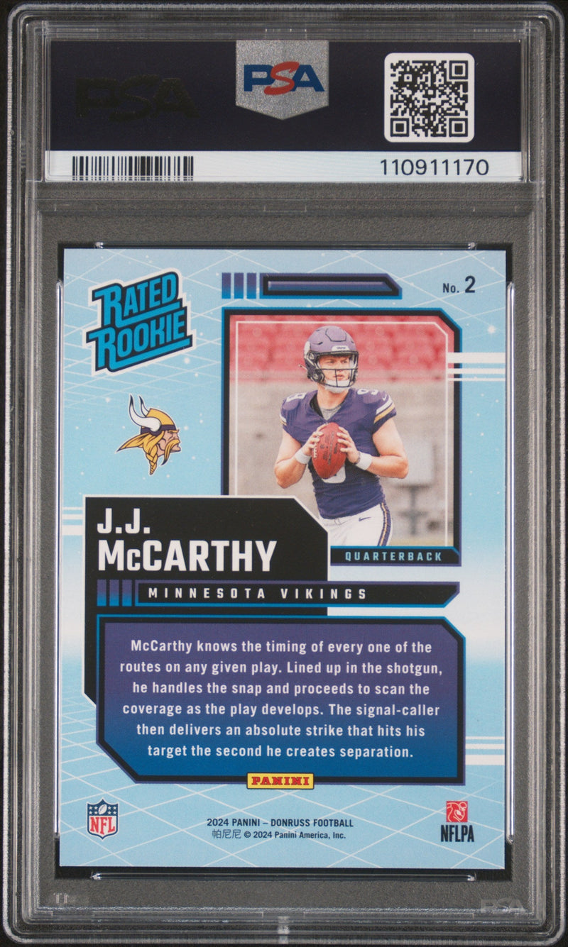Graded 2024 Panini Donruss JJ McCarthy #BLUE Rated Rookies Retro Rookie RC Football Card PSA 10 Gem Mint