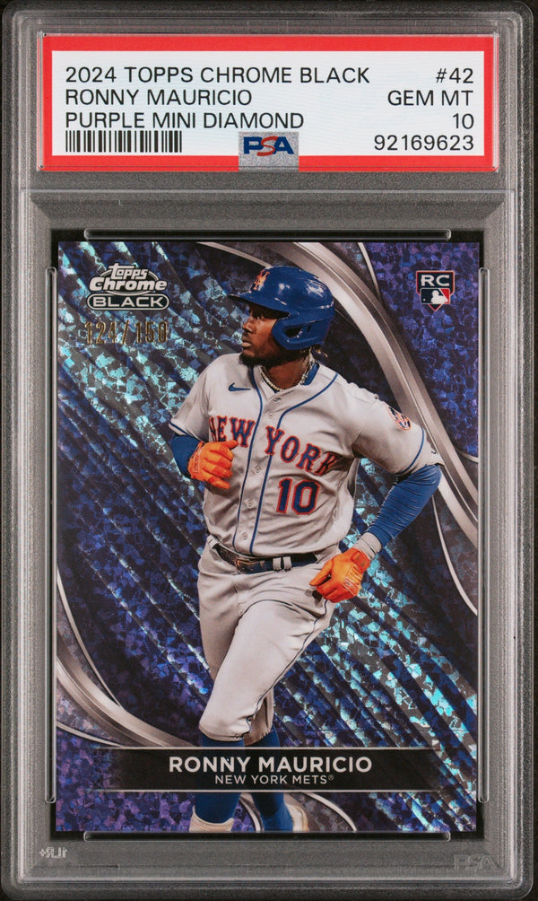 Graded 2024 Topps Chrome Black Ronny Mauricio #42 Purple Mini Diamond #/150 Rookie RC Baseball Card PSA 10 Gem Mint