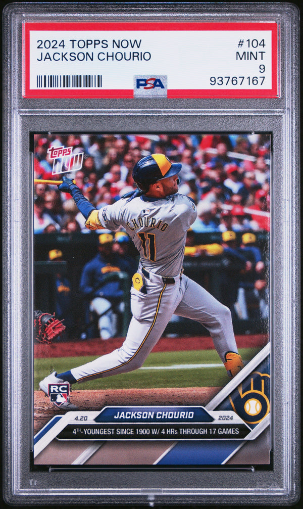 Graded 2024 Topps Now Jackson Chourio #104 Rookie RC Baseball Card PSA 9 Mint