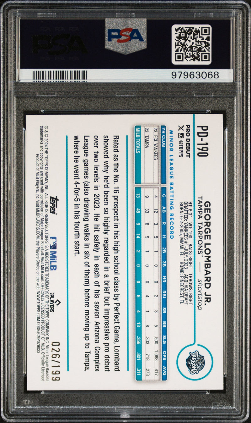 Graded 2024 Topps Pro Debut George Lombard Jr #PD190 Fuschia Foil #/199 Rookie RC Baseball Card PSA 10 Gem Mint