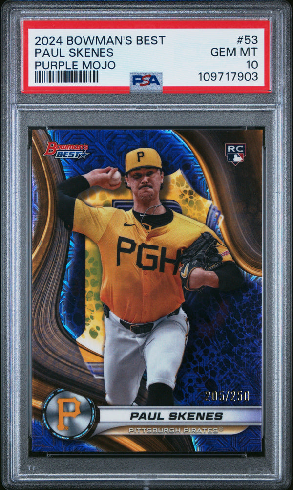 Graded 2024 Topps Bowmans Best Paul Skenes #53 Purple Mojo /250 Rookie RC Baseball Card PSA 10 Gem Mint