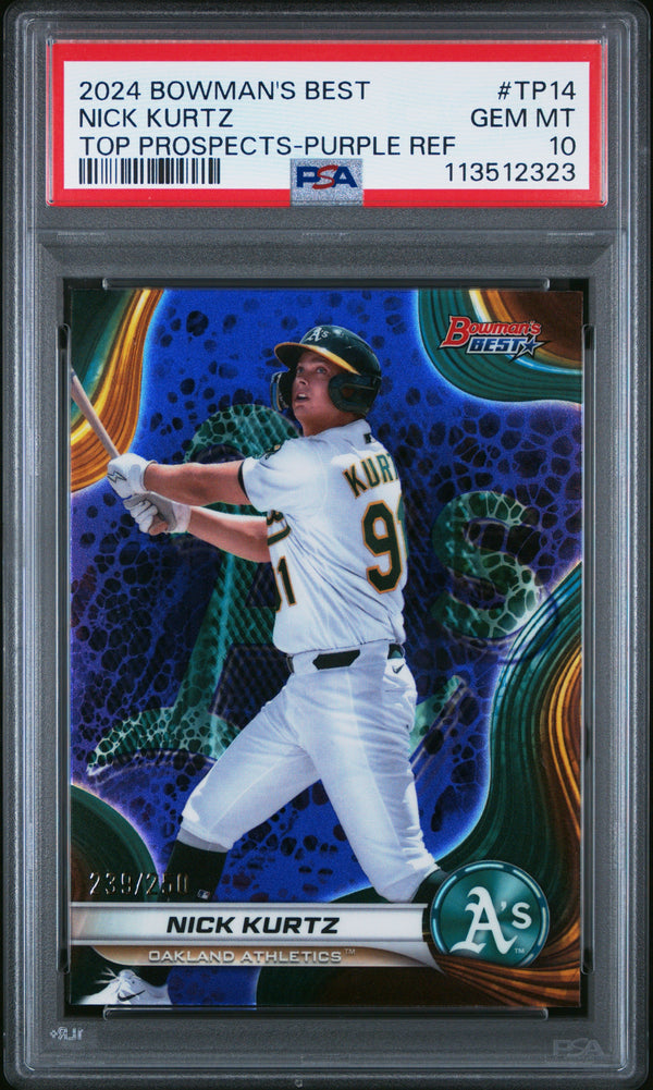 Graded 2024 Topps Bowmans Best Nick Kurtz #TP14 Top Prospects Purple Refractor /250 Rookie RC Baseball Card PSA 10 Gem Mint