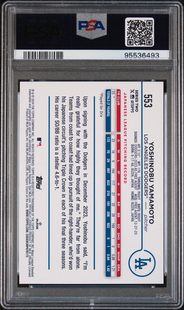 Graded 2024 Topps Yoshinobu Yamamoto #553 Rainbow Foil Rookie RC Baseball Card PSA 10 Gem Mint