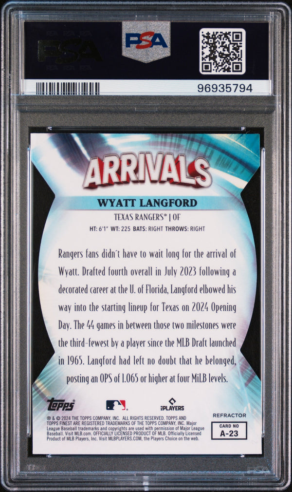 Graded 2024 Topps Finest Wyatt Langford #A23 Arrivals Refractor Rookie RC Baseball Card PSA 10 Gem Mint