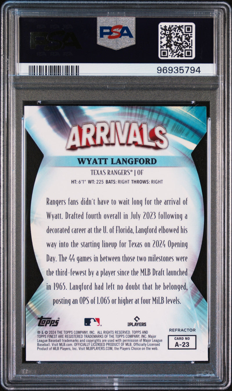 Graded 2024 Topps Finest Wyatt Langford #A23 Arrivals Refractor Rookie RC Baseball Card PSA 10 Gem Mint