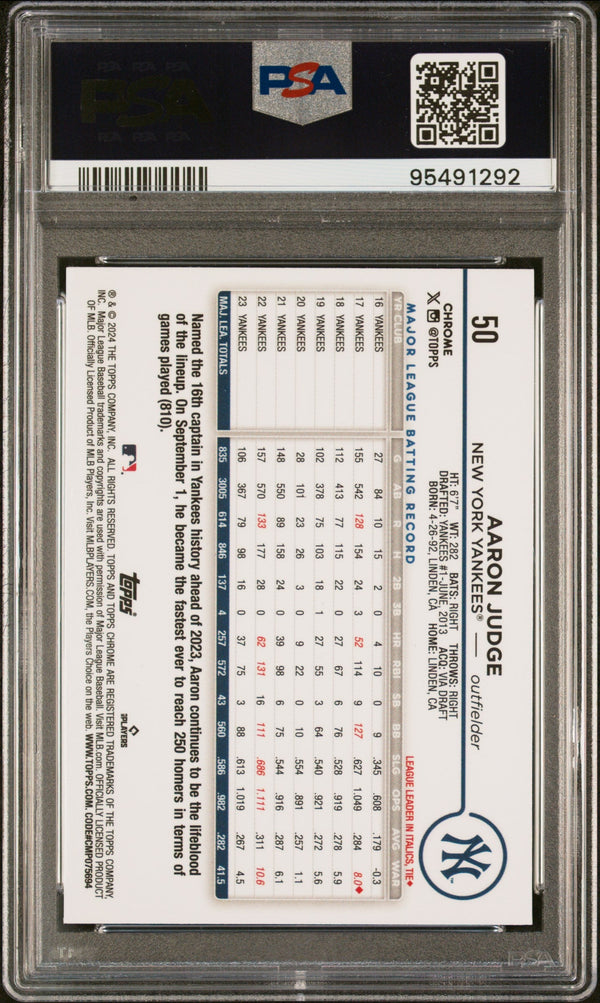 Graded 2024 Topps Chrome Aaron Judge #50 Baseball Card PSA 9 Mint