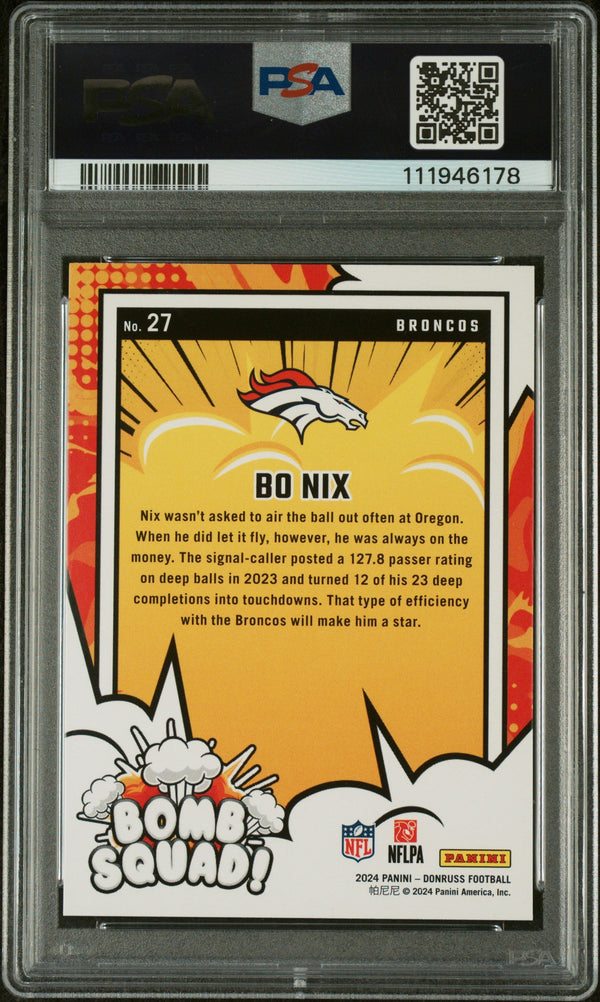 Graded 2024 Panini Donruss Bo Nix #27 Bomb Squad Rookie RC Football Card PSA 10 Gem Mint