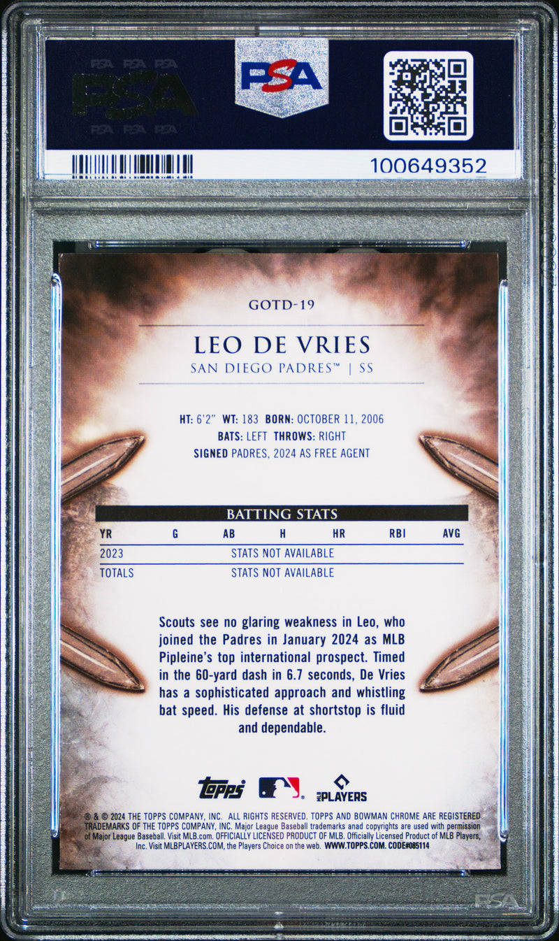 Graded 2024 Topps Bowman Chrome Leo De Vries #19 Gladiators of the Diamond Rookie RC Baseball Card PSA 10 Gem Mint