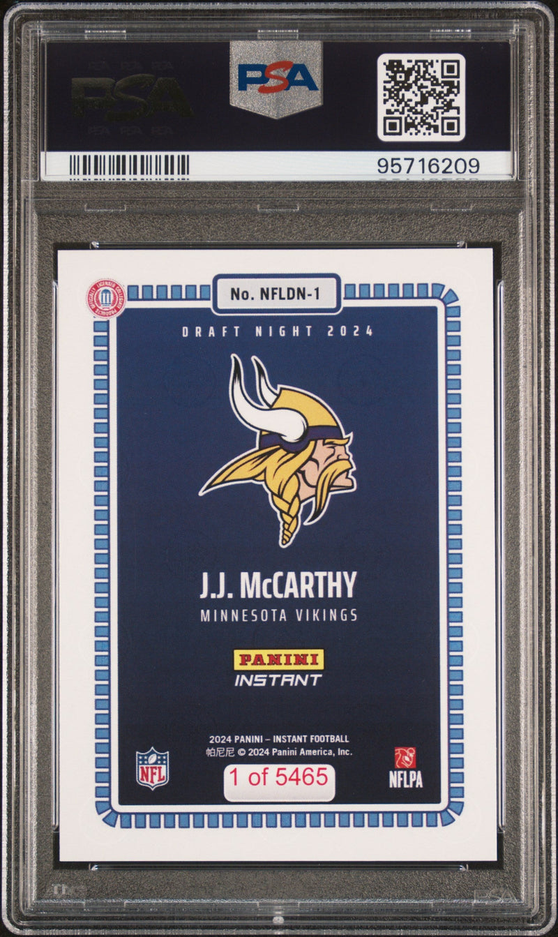 Graded 2024 Panini Instant NFL JJ McCarthy #1 Draft Night Rookie RC Football Card PSA 8 Near Mint