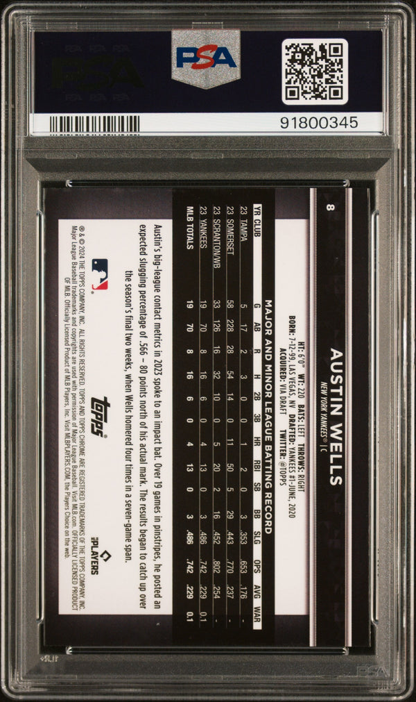 Graded 2024 Topps Bowman Austin Wells #8 Variation Rookie RC Baseball Card PSA 10 Gem Mint