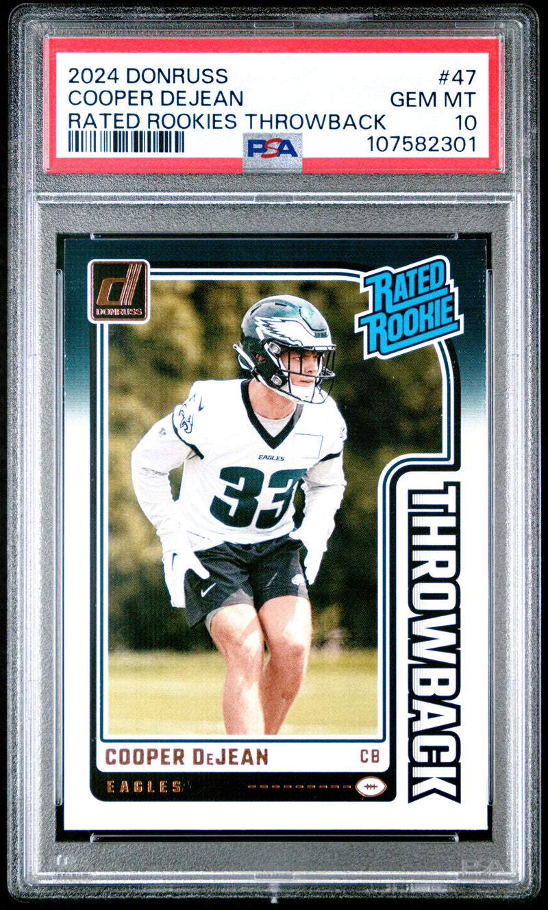 Graded 2024 Panini Donruss Cooper DeJean #47 Rated Rookies Throwback Rookie RC Football Card PSA 10 Gem Mint