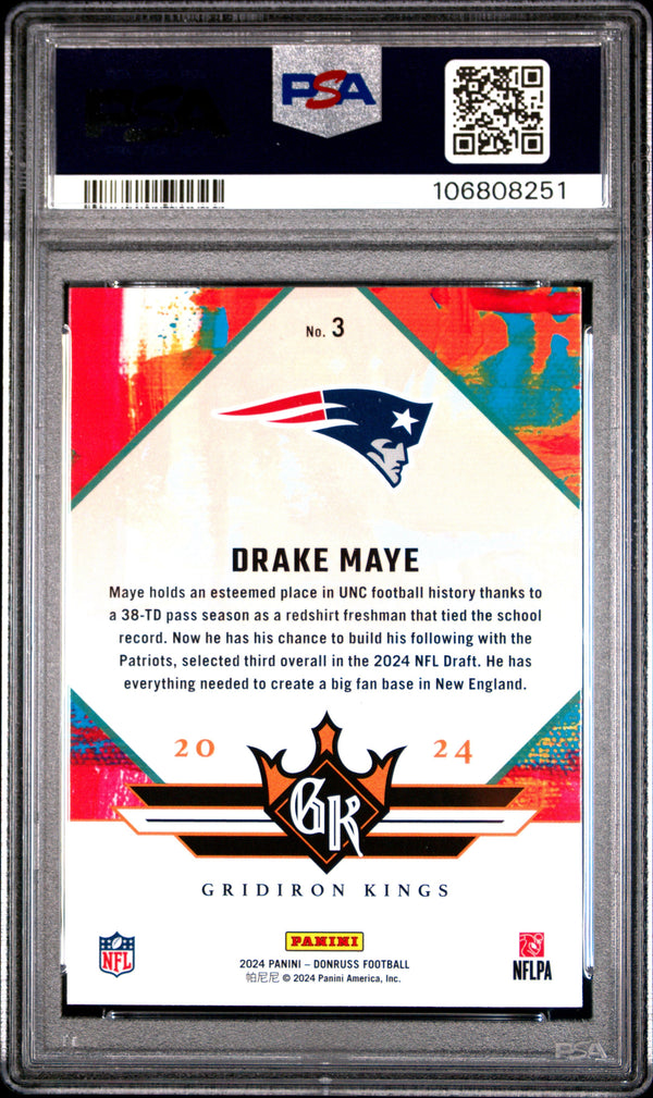 Graded 2024 Panini Donruss Drake Maye #3 Rookie Gridiron Kings Rookie RC Football Card PSA 10 Gem Mint