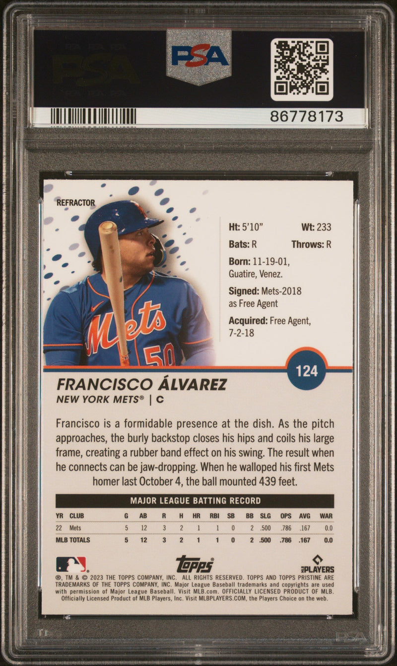 Graded 2023 Topps Pristine Francisco Alvarez #124 Refractor Rookie RC Baseball Card PSA 10 Gem Mint