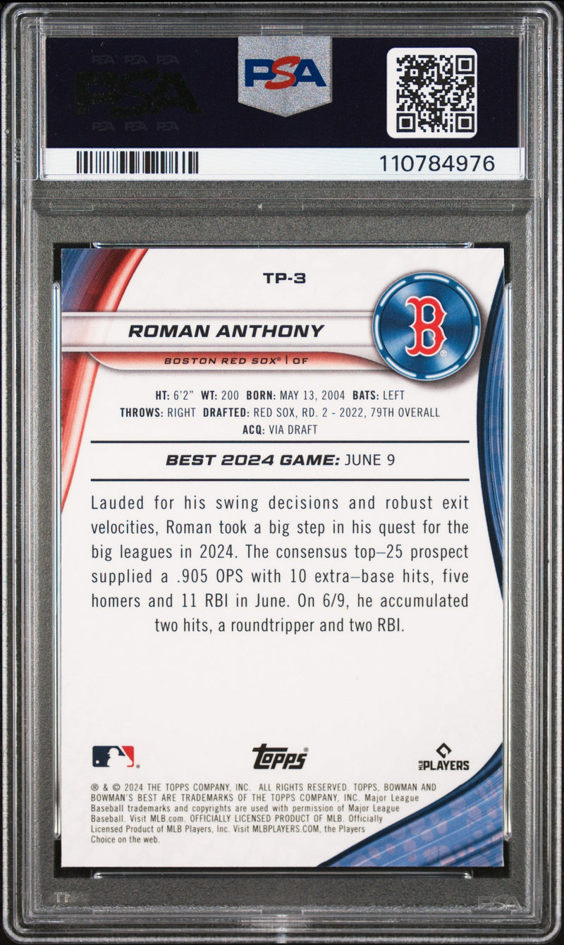 Graded 2024 Topps Bowmans Best Roman Anthony #TP3 Top Prospects Purple Mojo /250 Rookie RC Baseball Card PSA 10 Gem Mint