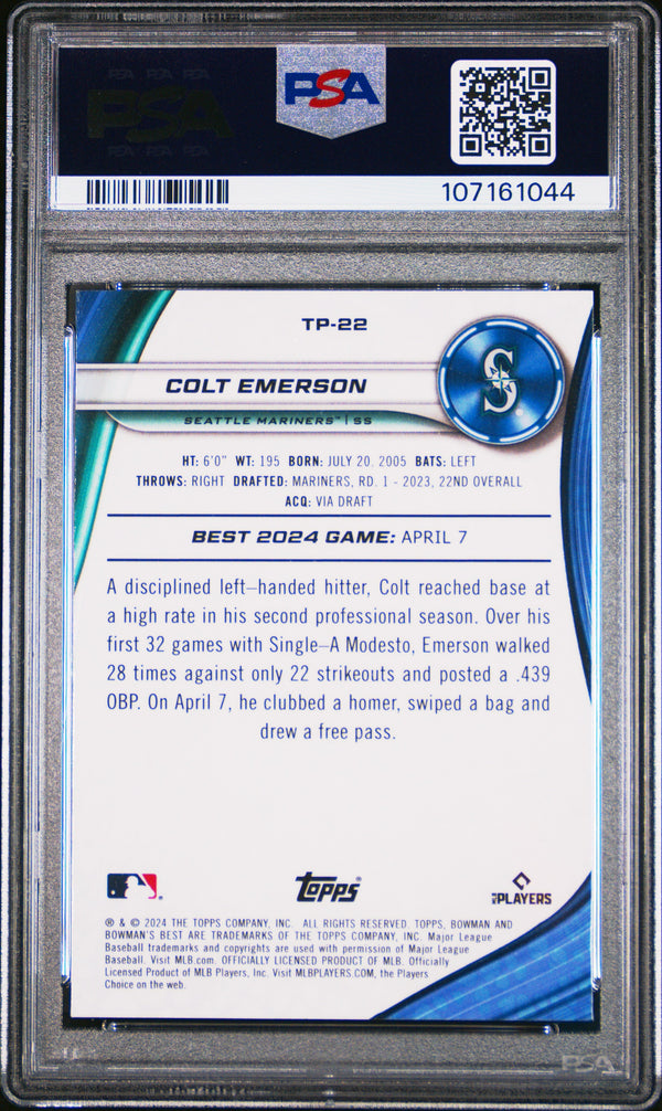 Graded 2024 Topps Bowmans Best Colt Emerson #TP22 Top Prospects Green Refractor /99 Rookie RC Baseball Card PSA 10 Gem Mint