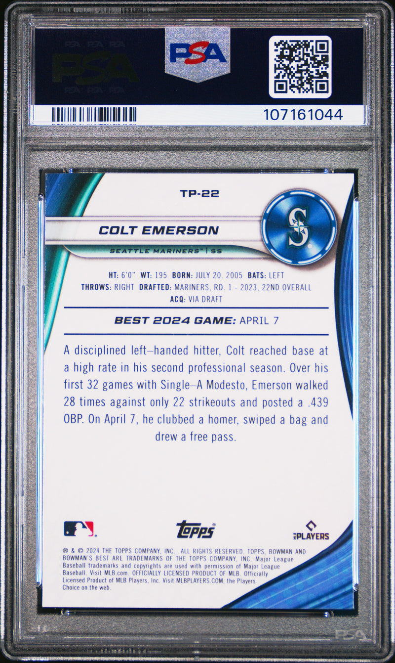 Graded 2024 Topps Bowmans Best Colt Emerson #TP22 Top Prospects Green Refractor /99 Rookie RC Baseball Card PSA 10 Gem Mint