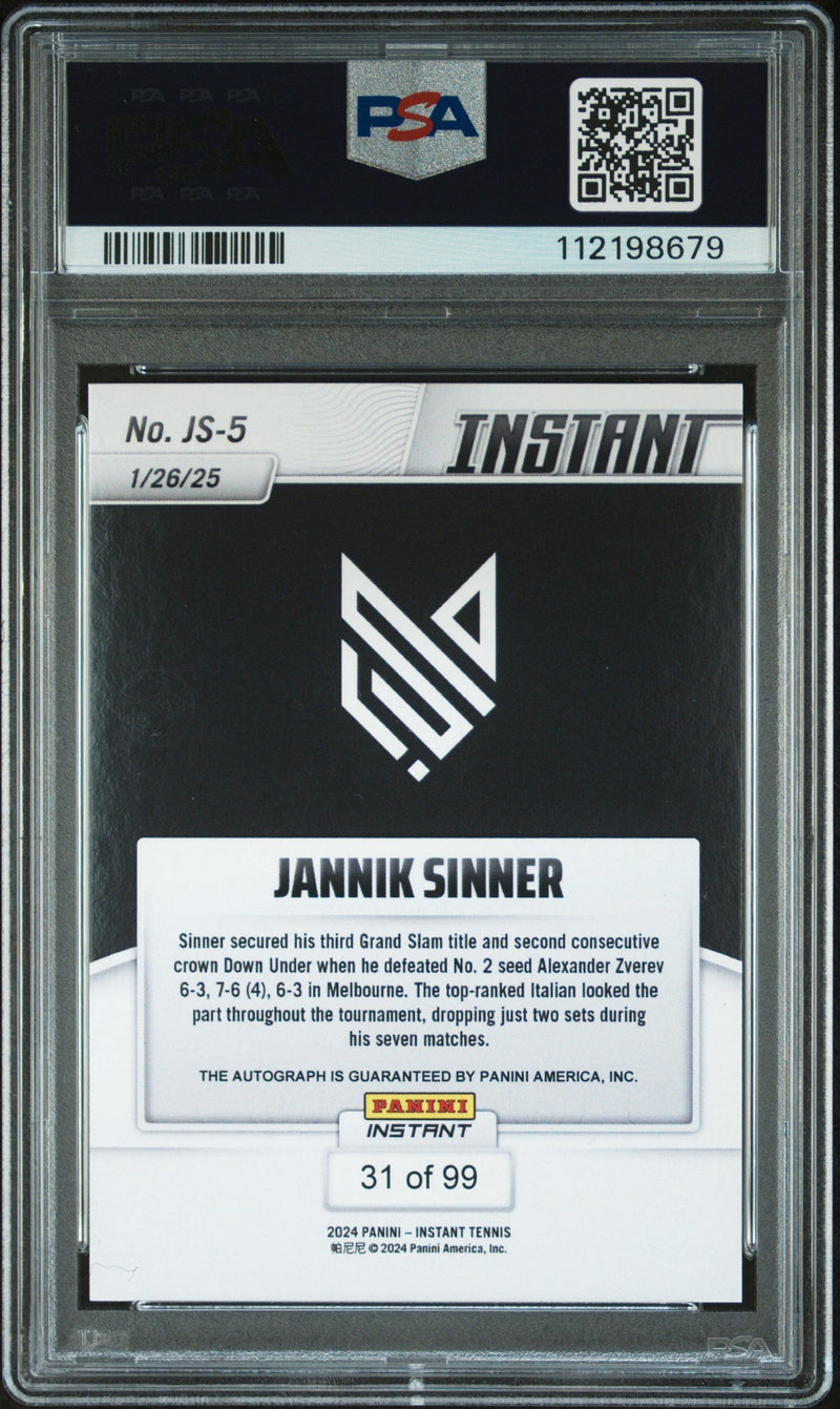 Graded 2024 Panini Instant Jannik Sinner #JS5 Autograph /99 Rookie RC Tennis Card PSA 10 Gem Mint Auto Grade PSA 10 Gem Mint