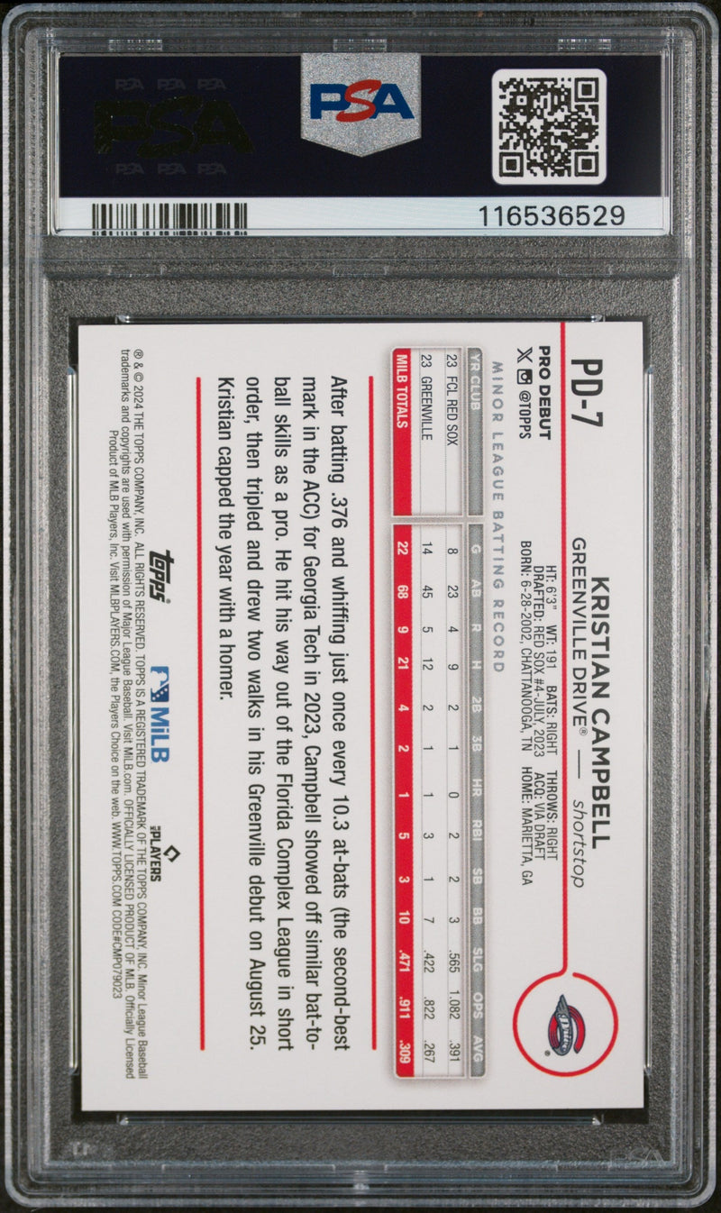 Graded 2024 Topps Pro Debut Kristian Campbell #PD7 Rookie RC Baseball Card PSA 10 Gem Mint