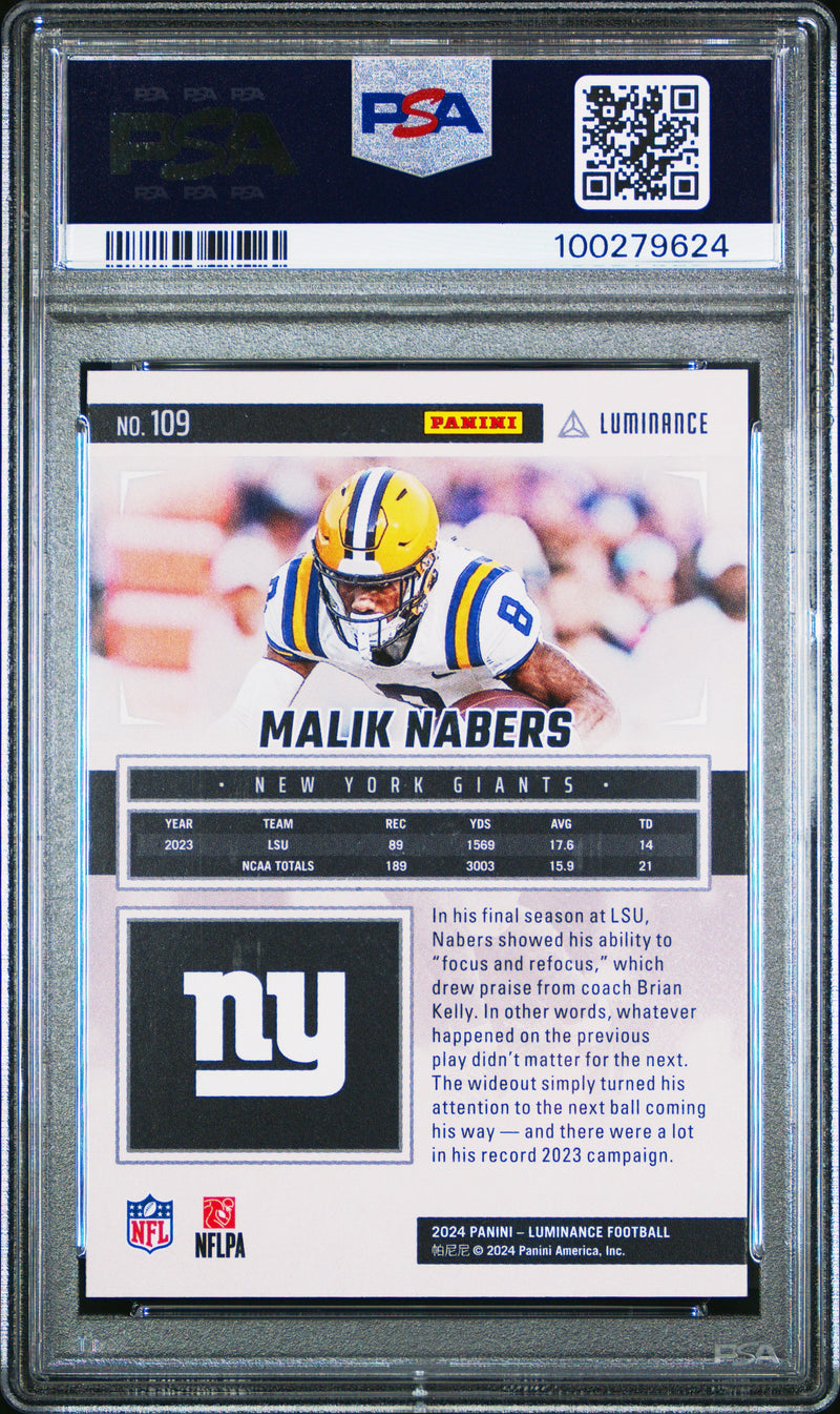 Graded 2024 Panini Luminance Malik Nabers #109 Rookie RC Football Card PSA 10 Gem Mint