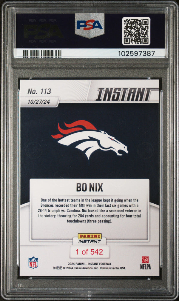 Graded 2024 Panini Instant NFL Bo Nix #113 Rookie RC Football Card PSA 9 Mint