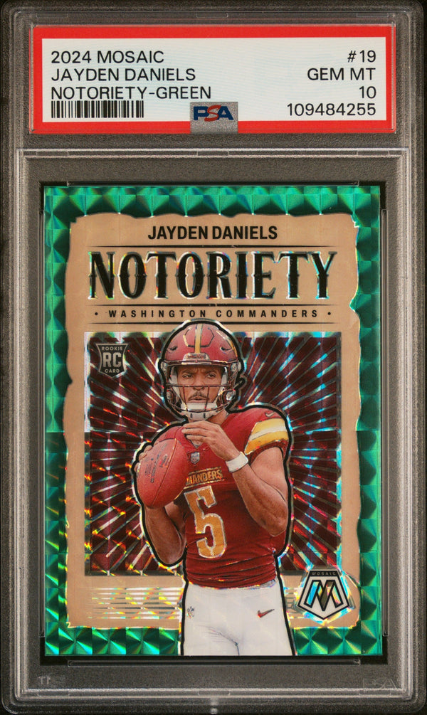 Graded 2024 Panini Mosaic Jayden Daniels #19 Notoriety Green Rookie RC Football Card PSA 10 Gem Mint