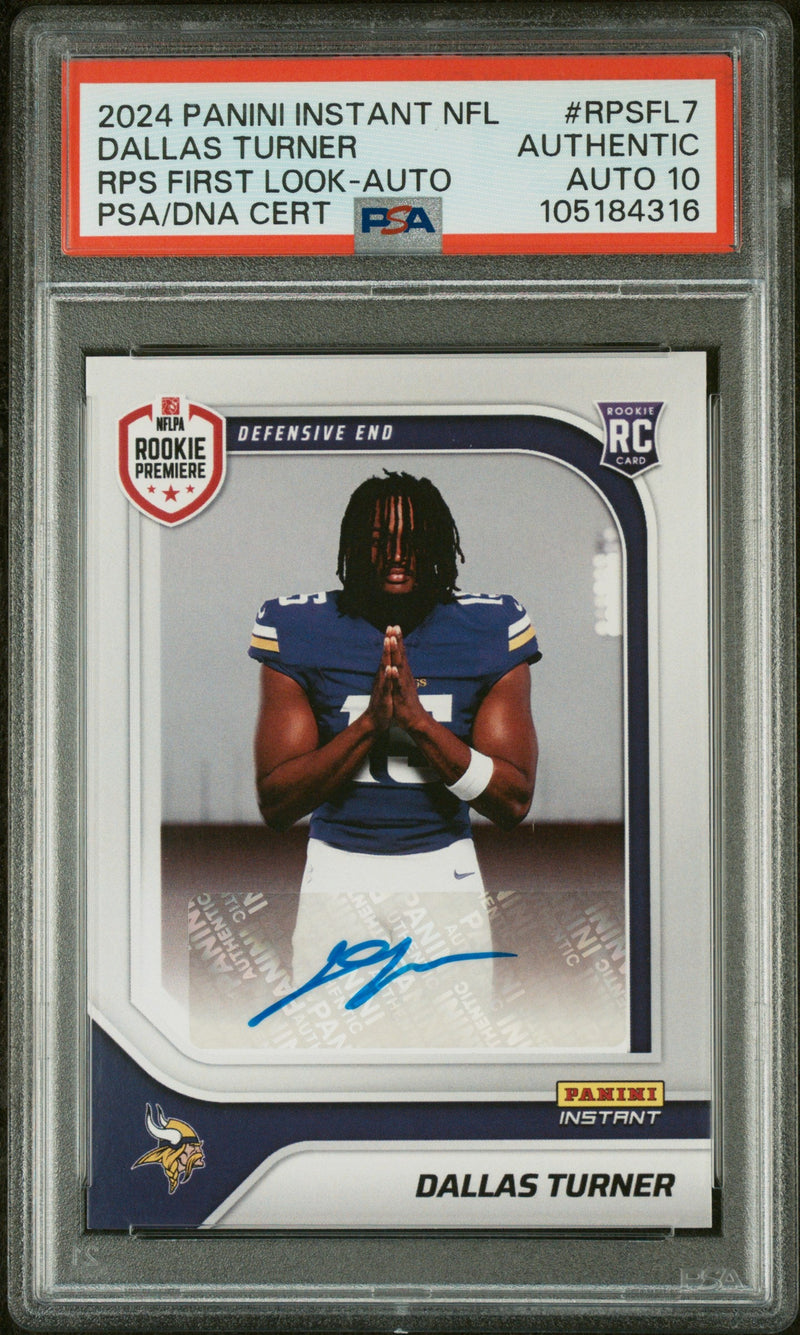 Graded 2024 Panini Instant NFL Dallas Turner #RPSFL7 RPS First Look /49 Rookie RC Football Card PSA 10 Auto Grade Gem Mint