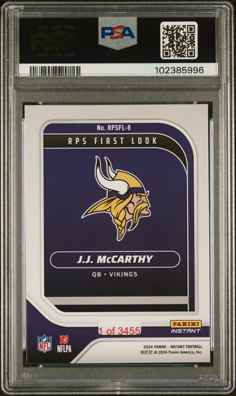 Graded 2024 Panini Instant NFL JJ McCarthy #RPSFL8 RPS First Look Rookie RC Football Card PSA 9 Mint