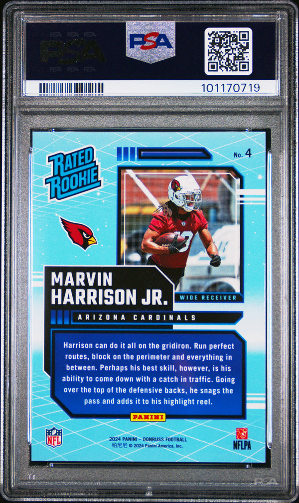 Graded 2024 Panini Donruss Marvin Harrison Jr #4 Rated Rookies Retro Rookie RC Football Card PSA 10 Gem Mint