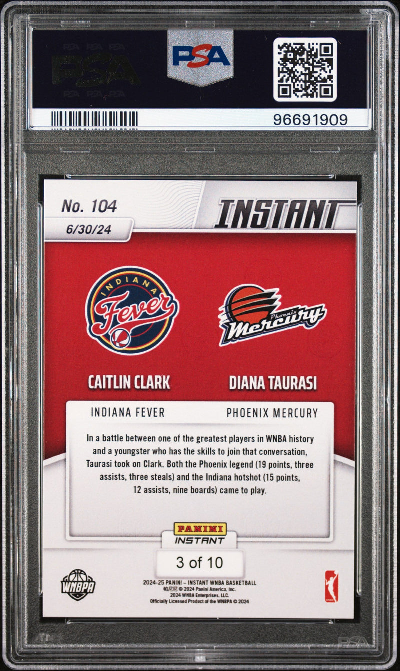 Graded 2024 Panini Instant WNBA Caitlin Clark/Diana Taurasi #104 Jaguar #/10 Basketball Card PSA 8 Near Mint
