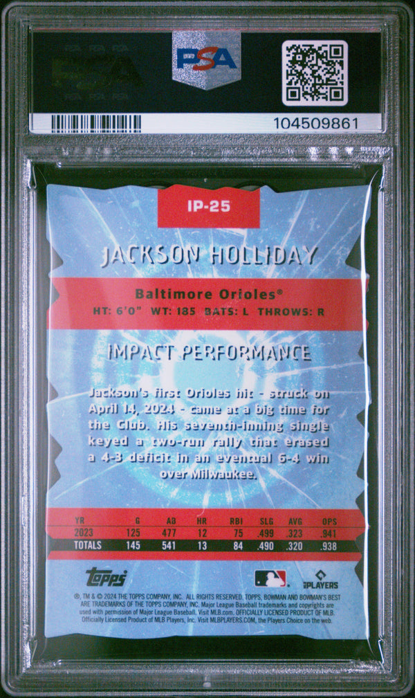 Graded 2024 Topps Bowmans Best Jackson Holliday #IP25 Impact Players Rookie RC Baseball Card PSA 10 Gem Mint