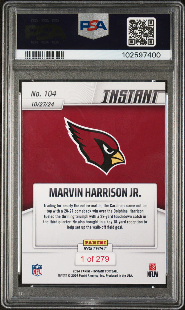 Graded 2024 Panini Instant NFL Marvin Harrison Jr #104 Rookie RC Football Card PSA 9 Mint